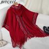 BITCED Fall/Winter Ethnic-Style Knit Hooded Fringe Cape Sweater Shawl Women's Outerwear