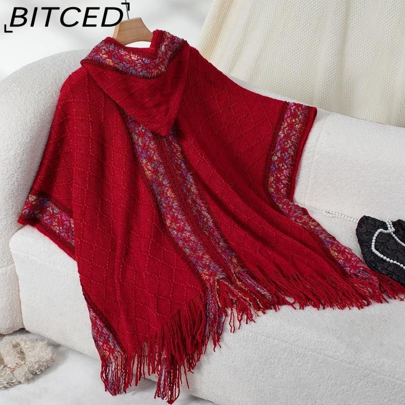 BITCED Fall/Winter Ethnic-Style Knit Hooded Fringe Cape Sweater Shawl Women's Outerwear