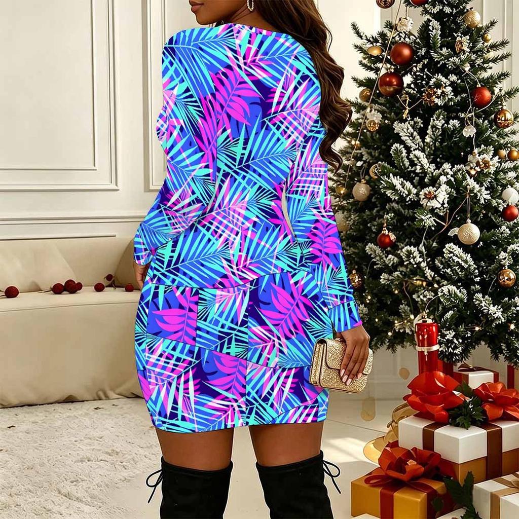 Women Plus Size Long Sleeve V Neck Crisscross Hollow Bodycon Mini Club Evening Dress