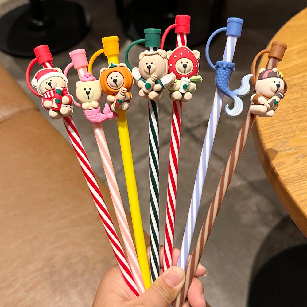 1PC Cute Bear Silicone Straw Cover Caps 7-8mm Straw Topper Reusable Splash Dust-proof Straws Cover For Tumbler Cup Accessories