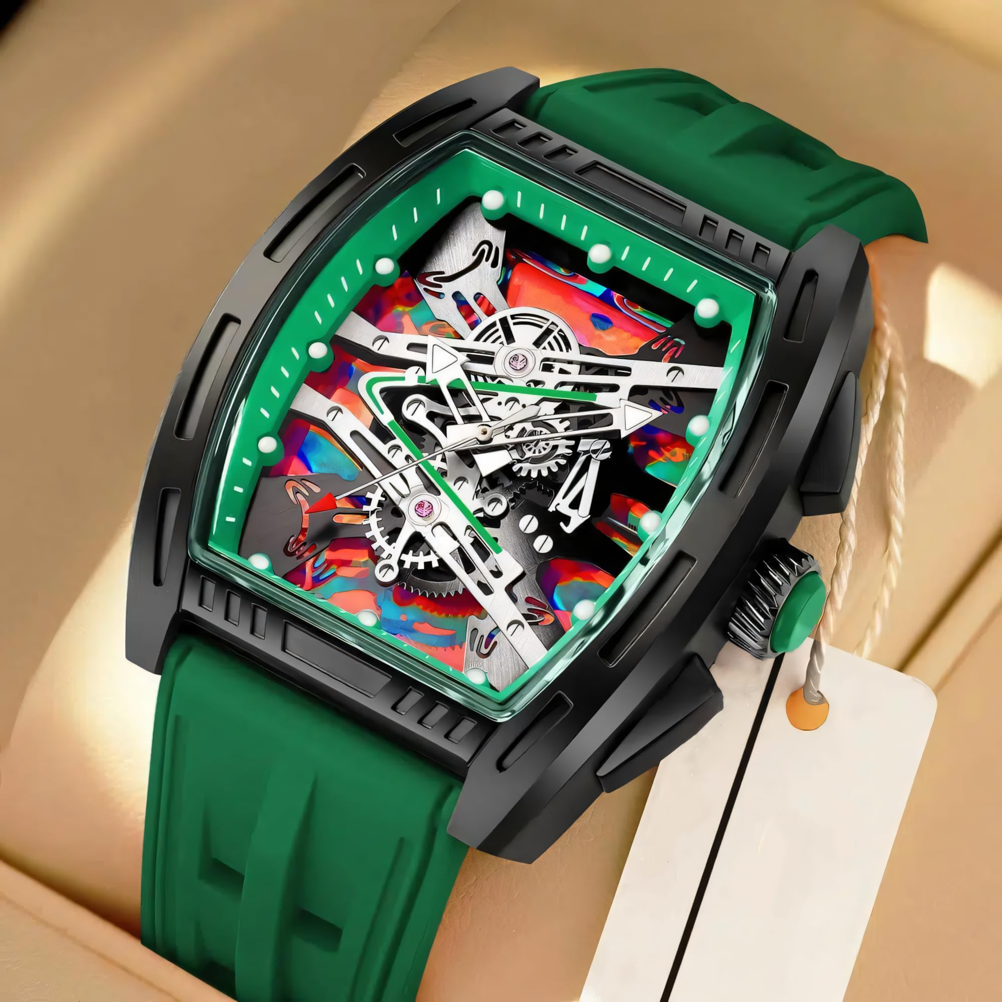 

New Business Cool Wine Barrel Shaped Hollowed Dial Men s Wristwatch Silicone Strap Waterproof Luminous Quartz Male Watch зелений