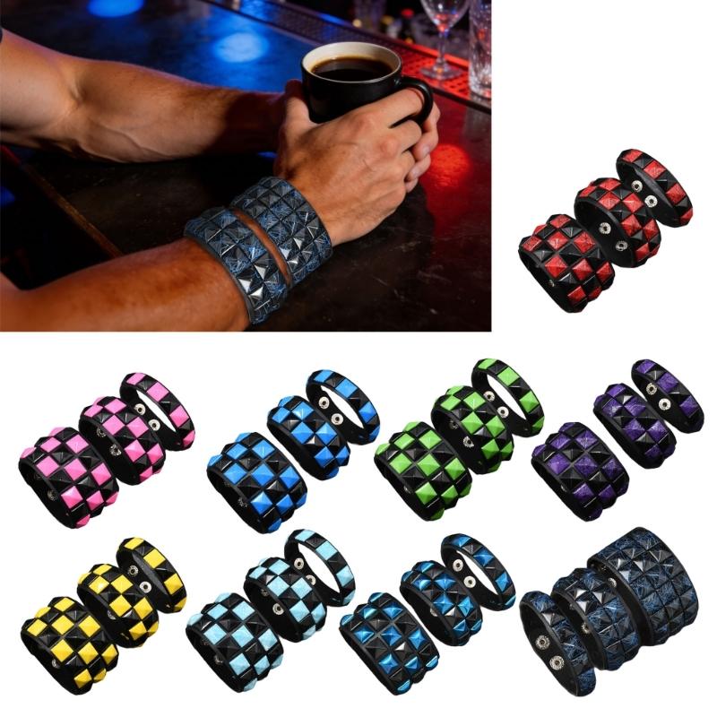 3Pcs Punk Bracelets for Night Activities Square Stud Leather Wrist Chain Comfortable Design Lightweight Wear Bangle