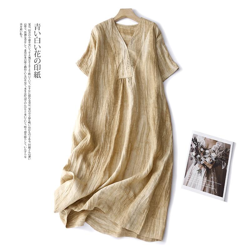 Real Shot Summer New Cotton and Linen Literary and Retro Medium and Long Short-sleeved Dress Women