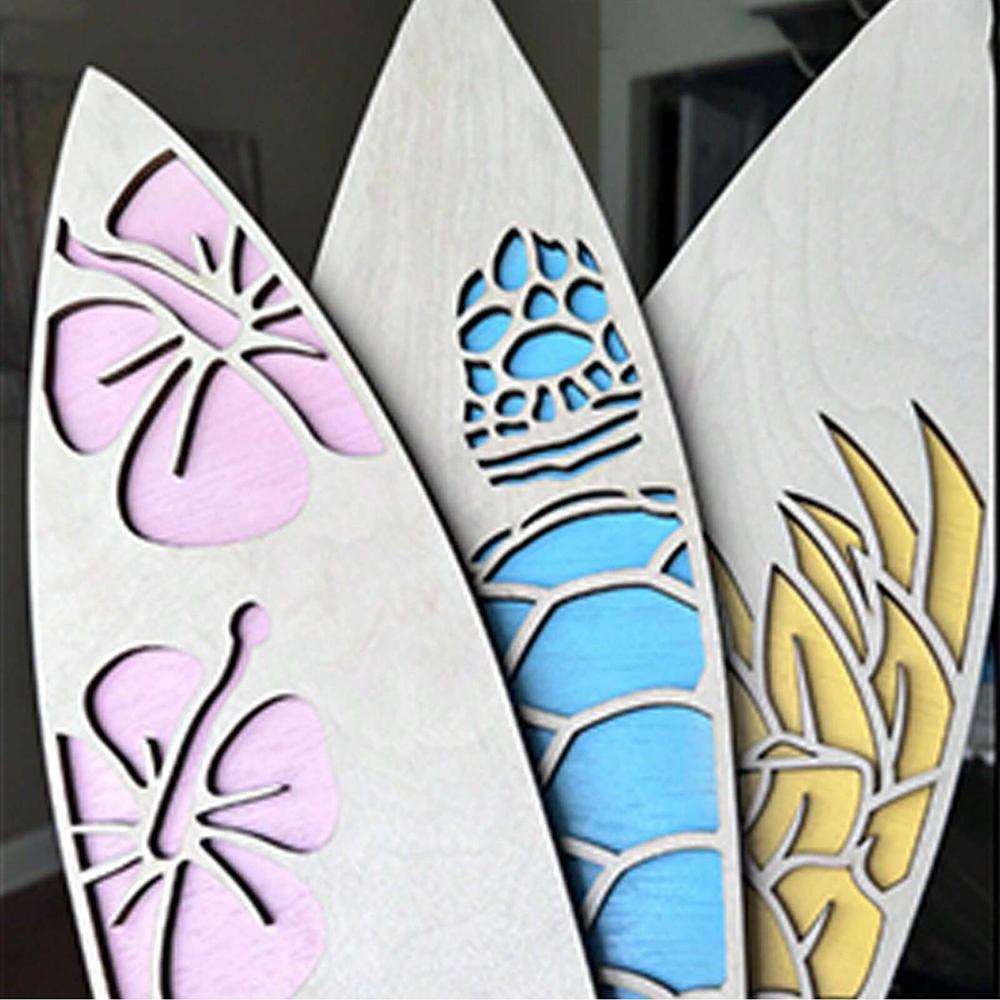 3pc Wooden Surfboard Wall Hanging Sign Summer Themed Hawaiian Tropical Hibiscus Flower Wall Decor Pineapple Sea Turtle Door Sign