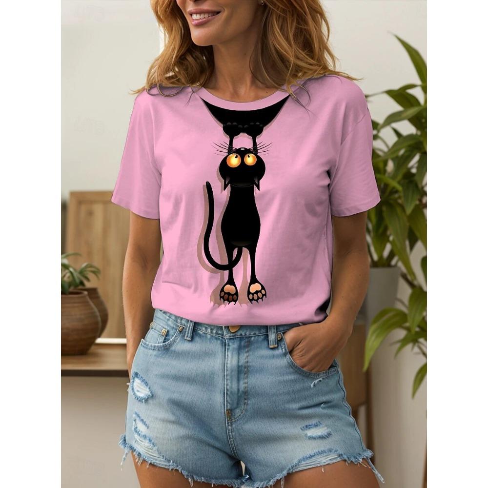 Letní Vzor Zvíře Kočka Potisk Móda Klasický Krátký Rukáv Kulatý Výstřih Top Oversized Dámské Oblečení