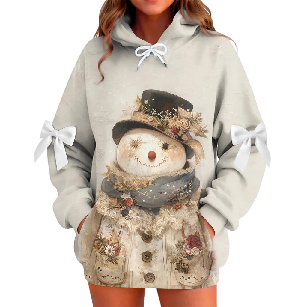 Ladies' Christmas Printed Bow Long Sleeved Loose Fitting Headband With Rope Hooded Sweatshirt Top