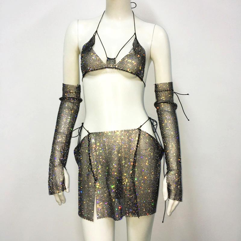 Dámský top od bikin se třpytivými kamínkovými ramínky a rybí síťovinou, mini sukně, sexy síťovaný outfit, plážové oblečení, plavky
