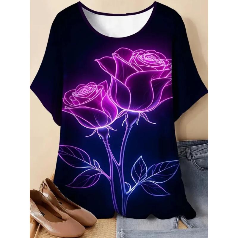 Fashion Women's Crew Neck Short Sleeve 3D Casual Color Printing Casual Short Sleeve Crew Neck T-Shirt