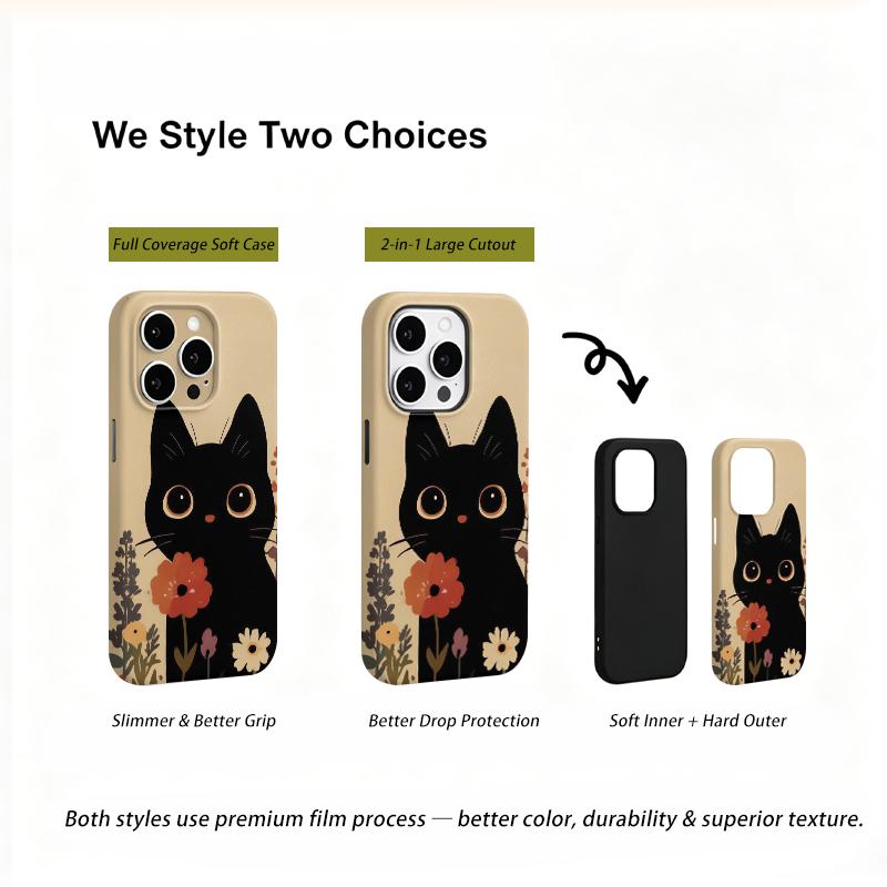 Big Eyed Floral Cute Black Cat Holding Flower Art Film Aesthetic Protective Shockproof Bumper Case Cover For iPhone 14 15 16 Pro Max Plus