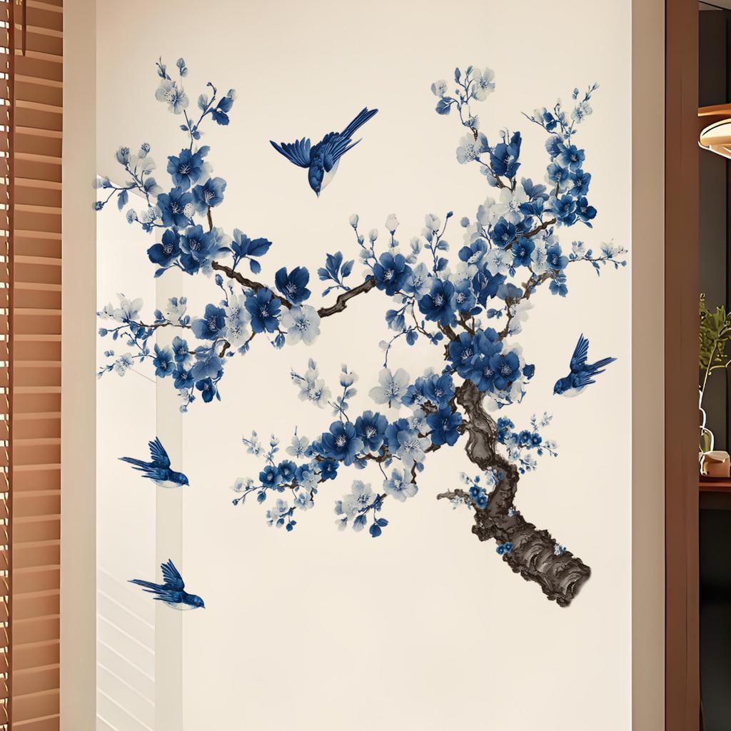 Ramas y Pájaros Pintados de Azul Pegatina de Pared para Decoración del Hogar en Dormitorio Sala de Estar
