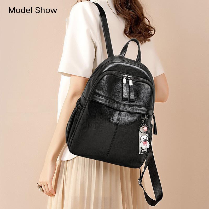 2025 Genuine Leather Backpack Unisex Cowhide Daypack With Bear Ornament High Capacity Anti-theft Men/Women Backpacks School Bag