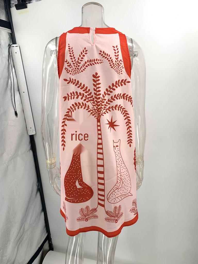 2025 European & American Printed Linen Sleeveless Mini Dress for Women