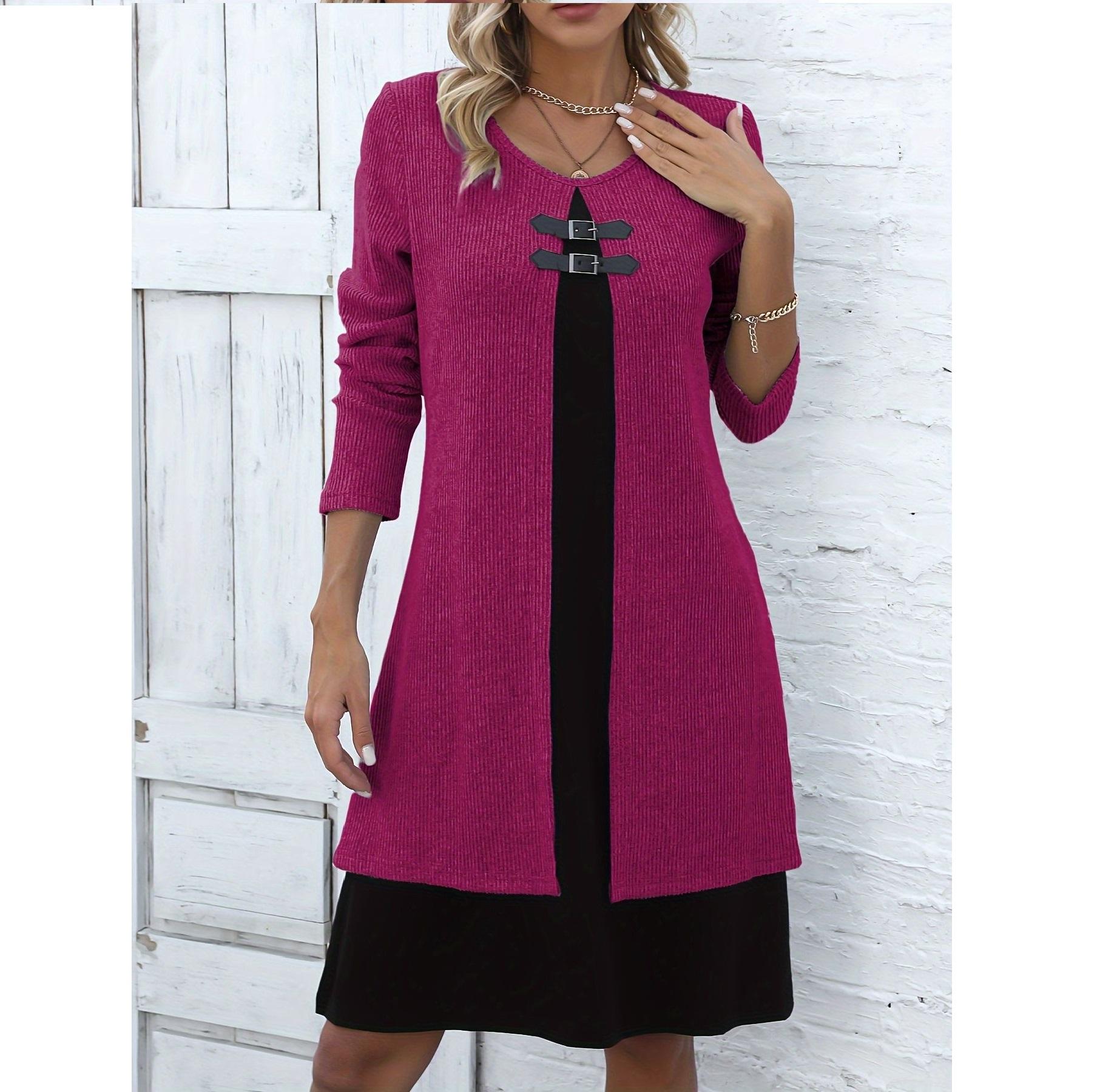 

Цветовой блок, платье-свитер с пуговицами, имитация двойки XXL розы красного