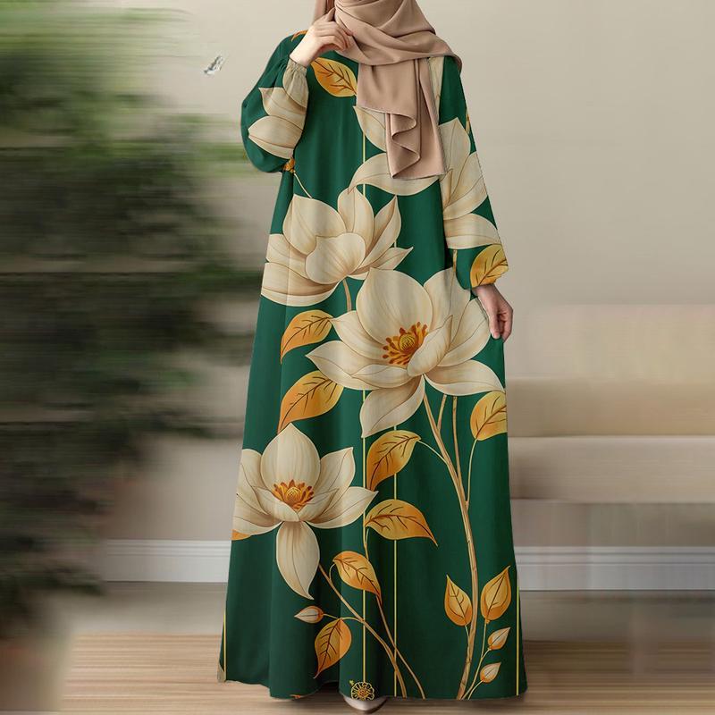 

Мусульманское летнее платье, Легкое и дышащее, Универсальное для отпуска и повседневной жизни, Простое и элегантное, С узором из зеленых листьев 5XL зелёный