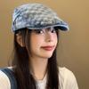 Plaid denim forward hat beret female reverse wearing washed retro big head circumference painter hat spring and autumn women's