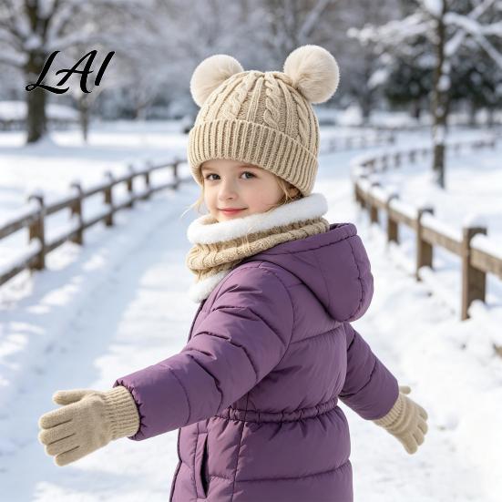 Five Finger Winter Gloves for Toddlers Kids Warm Knit Set Bear Ear Hat Fleece Lined Neck Gaiter & Weather Resistant Thermal Set Full Gloves,