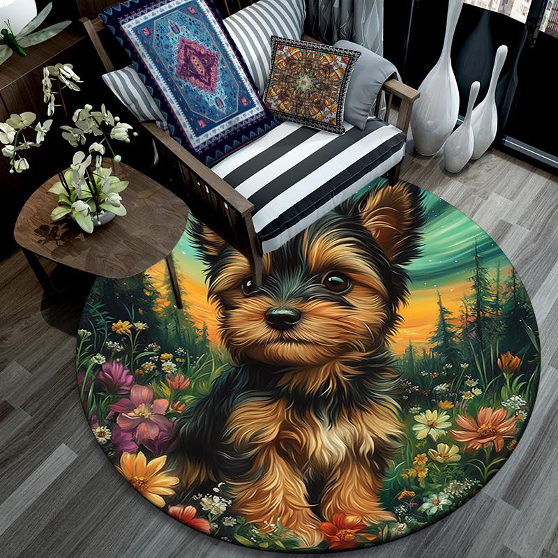 Yorkshire Terrier Round Area Rug,Carpet Rug for Living Room Bedroom Sofa Playroom Decor,Non-slip Floor Mat