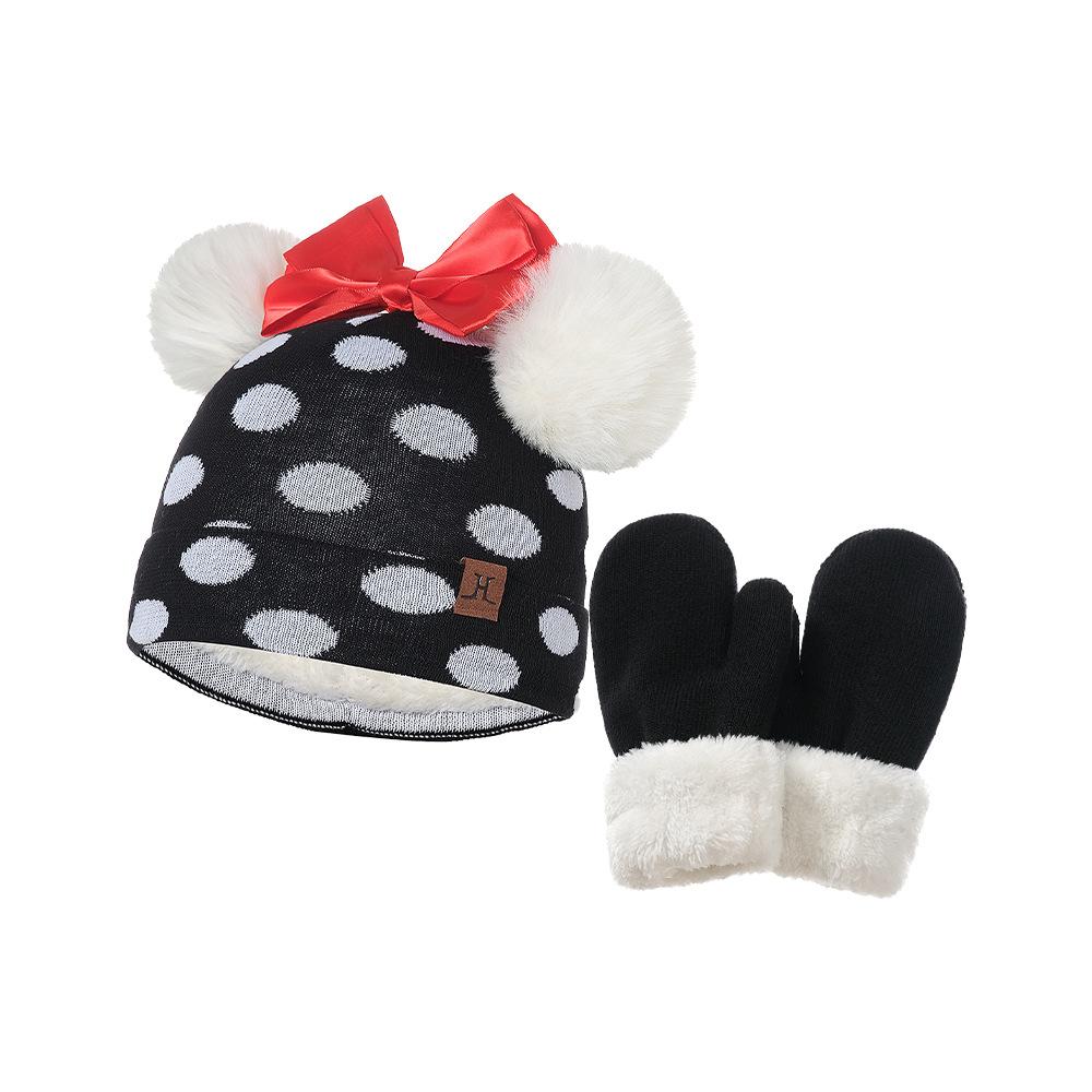 Bow Knot Polka Dot Woolen Hat Scarf Two-piece Set for Autumn and Winter Girls and Babies, Warm Set