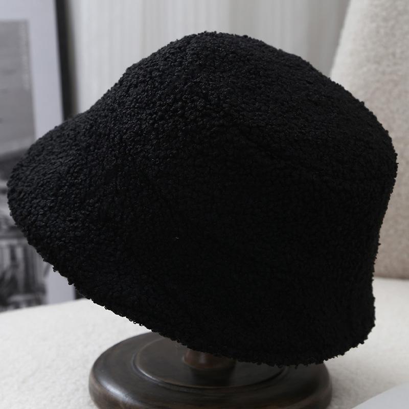 Solid color lamb wool bucket hat women's autumn and winter new simple warm and cold versatile wide brim casual ear protection bucket hat