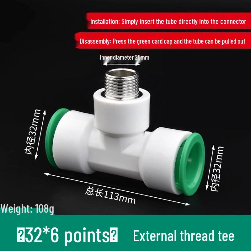 PPR Water Pipe Quick Connector, 4 & 6 Points, No-Melt, Direct Plug-In, 20/25 PE for Cold/Hot Water