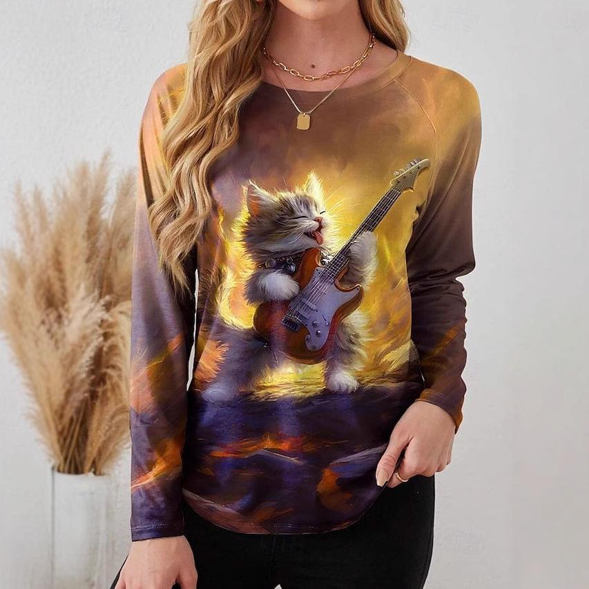 Spring and Autumn Fashion 3D Dog and Cat Printed Top Round Neck Long Sleeve Women's T-shirt