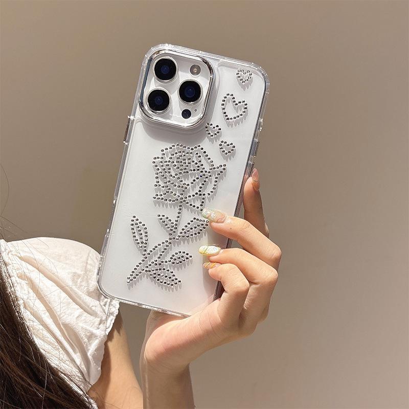 Transparent Feng Shui Diamond Rose Mobile Phone Case For Iphone16 Light Luxury Apple 17Promax Soft iPhone 17Promax