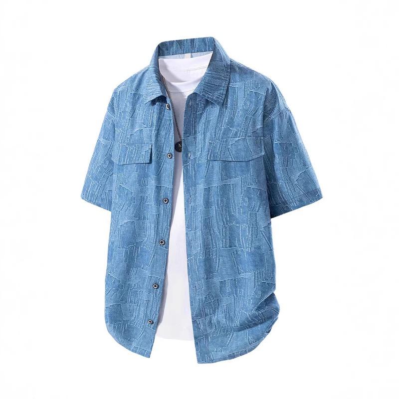 Men s Blue Denim Jacquard Short Sleeve Shirt M синий