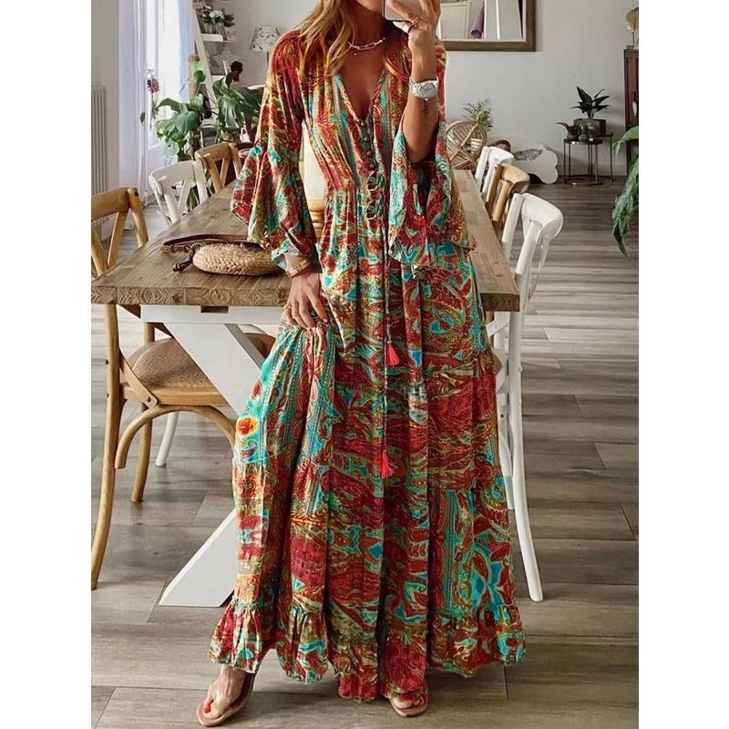 Abito Bohemian da Donna Estate Manica a Svaso Stampa Floreale Scollo a V Ampio Abiti da Donna Elegante Linea ad A Vita Alta Abito da Donna per Vacanze al Mare