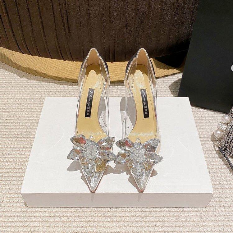 Rhinestone Transparent High Heels Pointed Stiletto Wedding Shoes Fashion Single Shoes Trend
