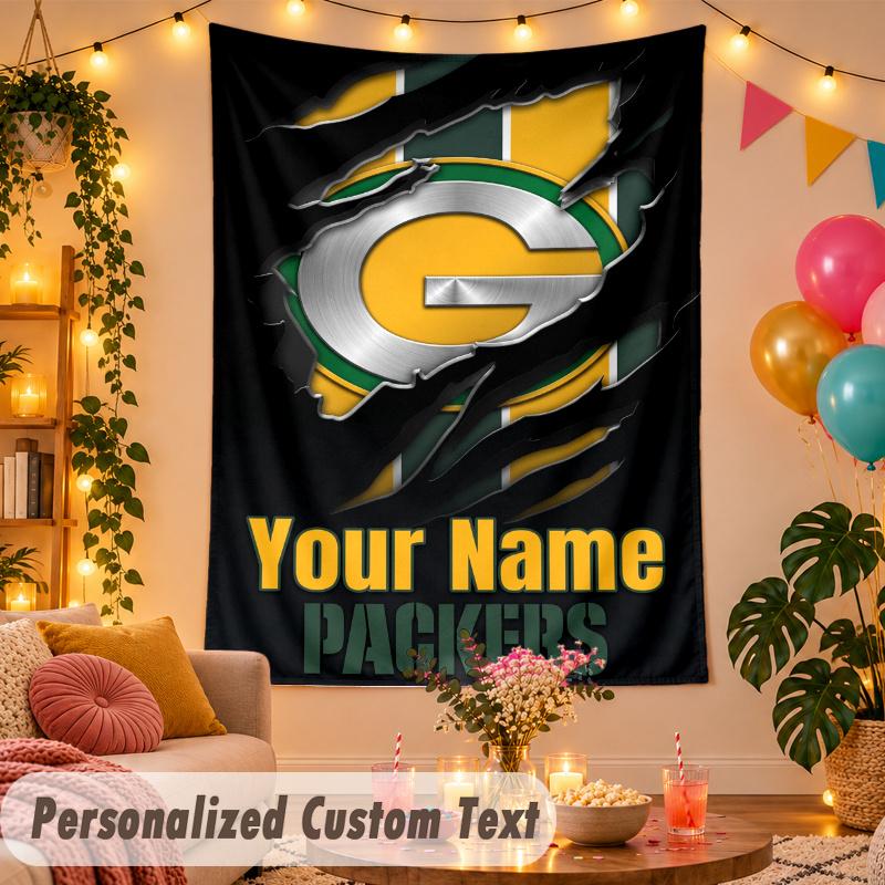 Green Bay Packers Personalized Wall Tapestry Custom Name Text Polyester Hanging Decor Home Room