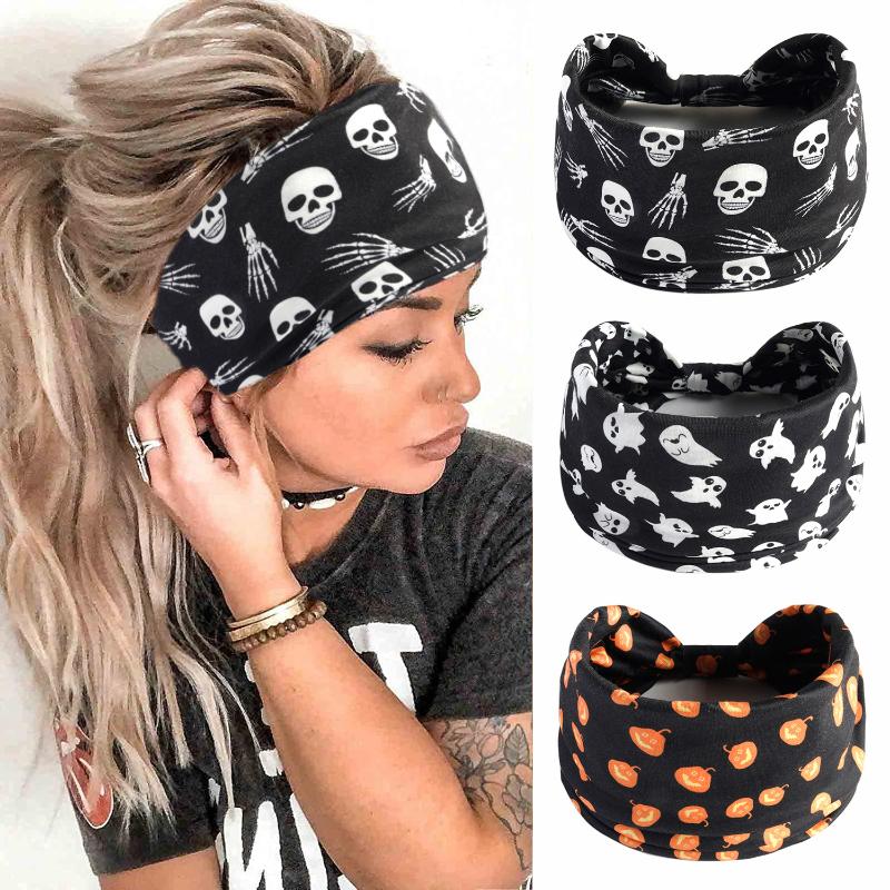 Halloween Print Headbands Women Girls Fashion Hair Bands Skull Vintage Cross Turban Bandage Bandanas Hairbands Hair Accessories