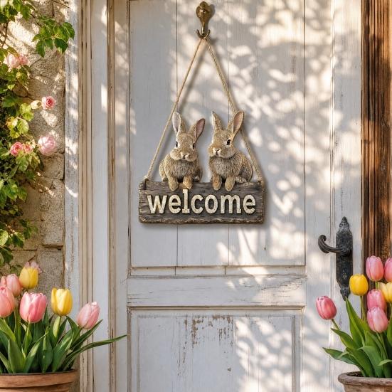 Easter Bunny Welcome Door Sign, Welcome Sign for Front Door, Cute Wooden Rabbit Hanging Plaque, Farmhouse Front Porch Sign for Spring Shop Home