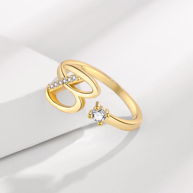 26-Letter Rhinestone Adjustable Open Ring - Women's Fashion and Luxury Accessory