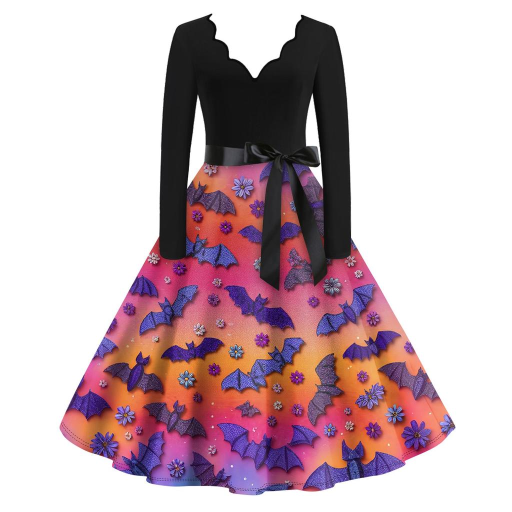 Damen Casual Fashion Langarm Halloween Grafik bedruckt Vintage Lange Kleider