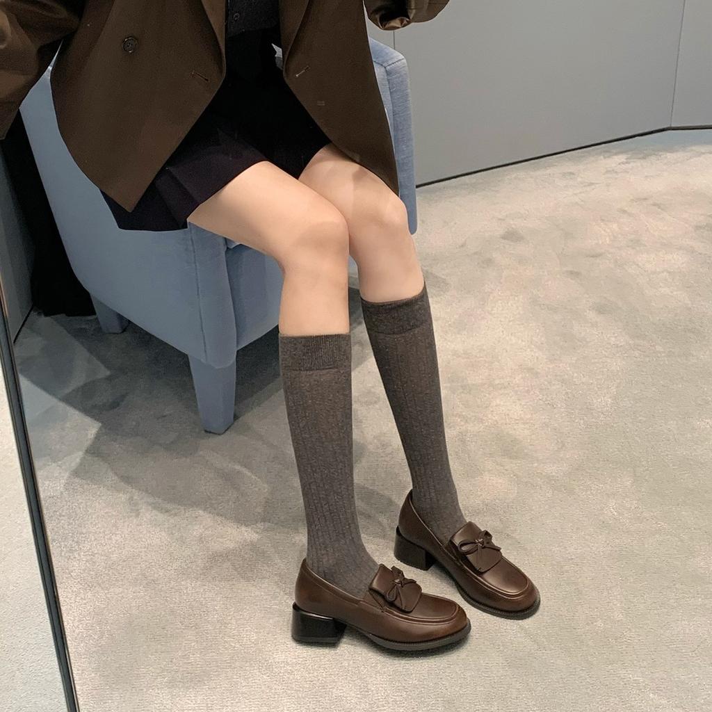 Height increase of 5cm~ 2025 autumn new models, not tired feet, flip bows, lazy thick heels, thick soles, love small leather shoes for women