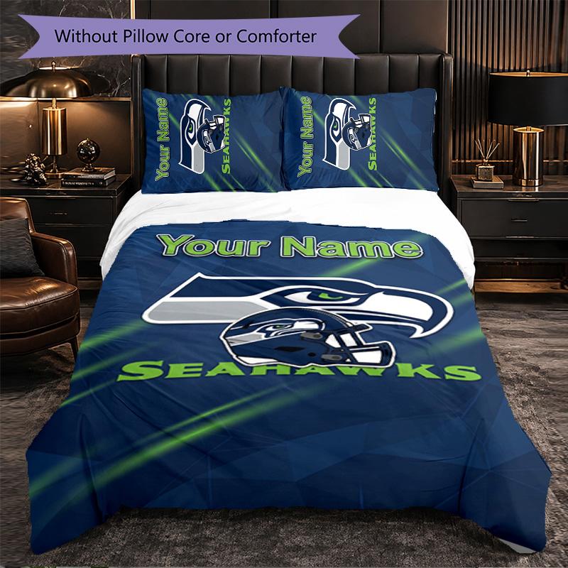 Seattle Seahawks Customized Name Text Bedding Set, 1 Duvet Cover & 2 Pillowcases Personalized Bedroom Gift