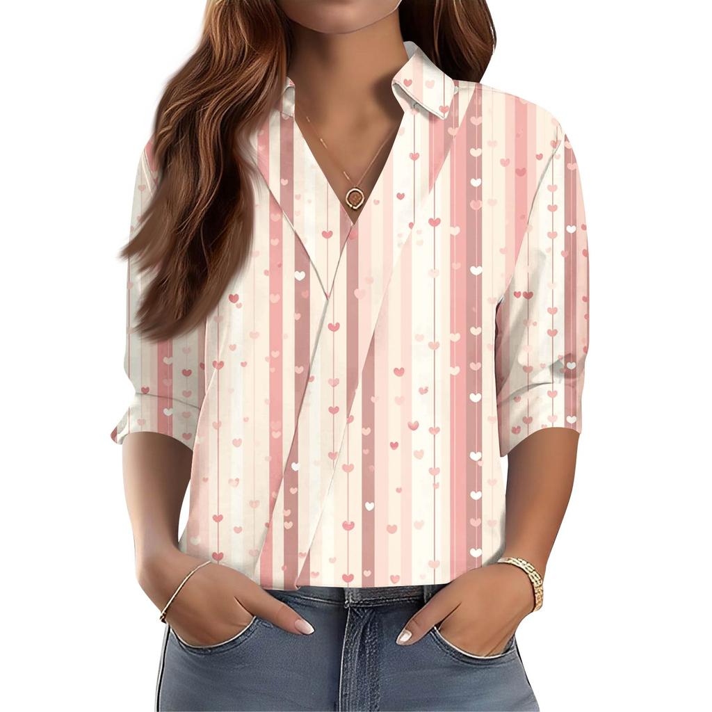 Camisa Feminina Manga 3/4 Decote V Estampada Roupa de Trabalho Casual Regular Colarinho