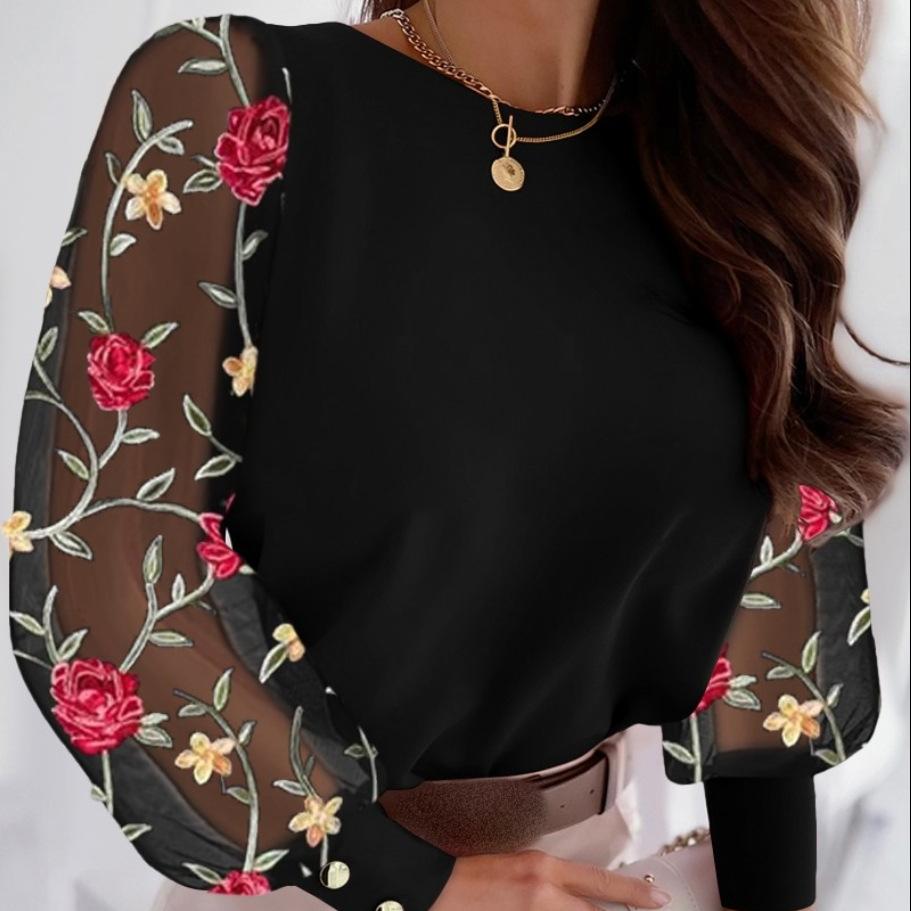 Dame Mote Casual Vår Høst Ensfarget Trykk Langermet O-Hals Bluser & Skjorter Pullover EMA