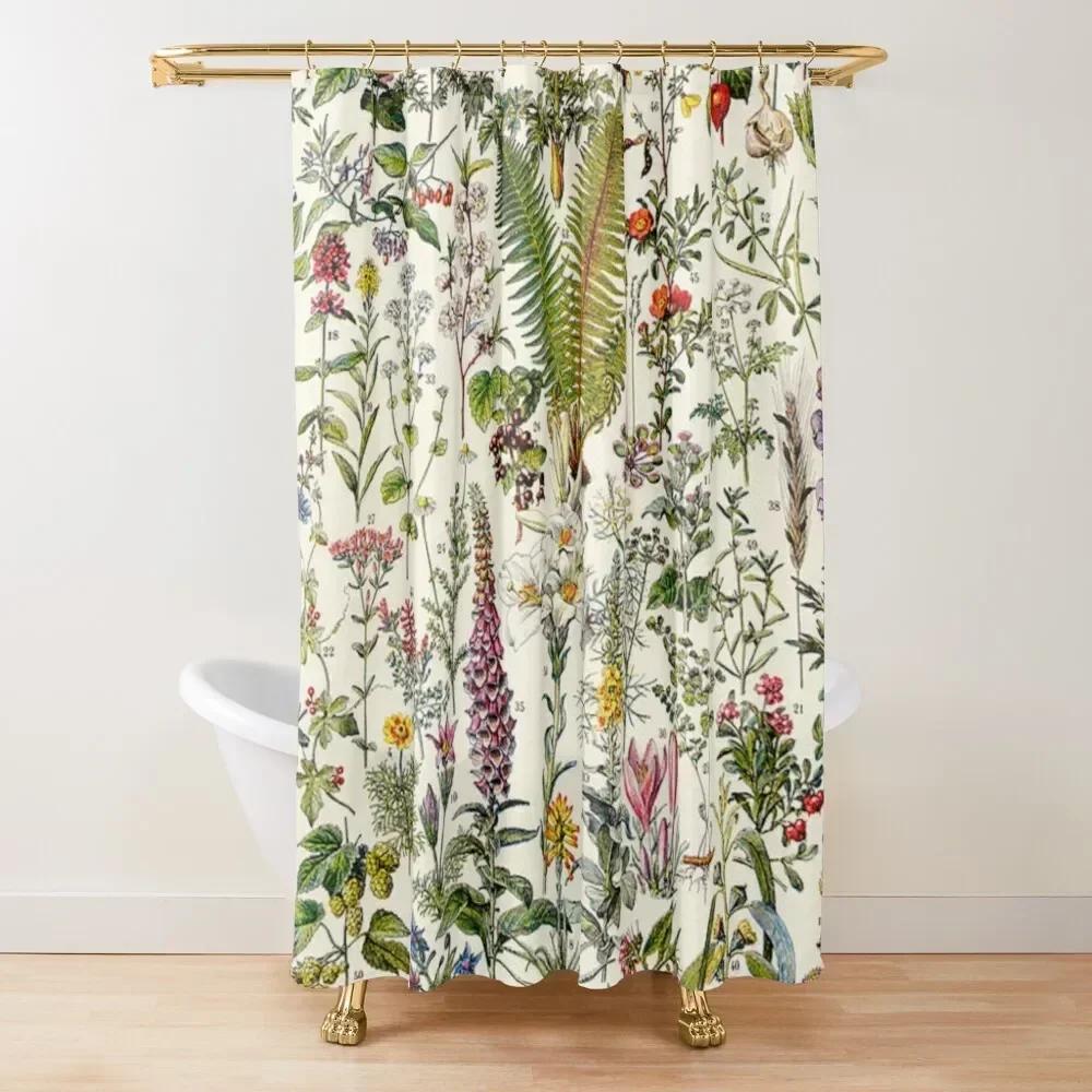 Biology Floral Stall Shower Curtain, Vintage Garden Plants Herbs Flowers Botanical Design, Fabric Bathroom Decor Set With Hooks