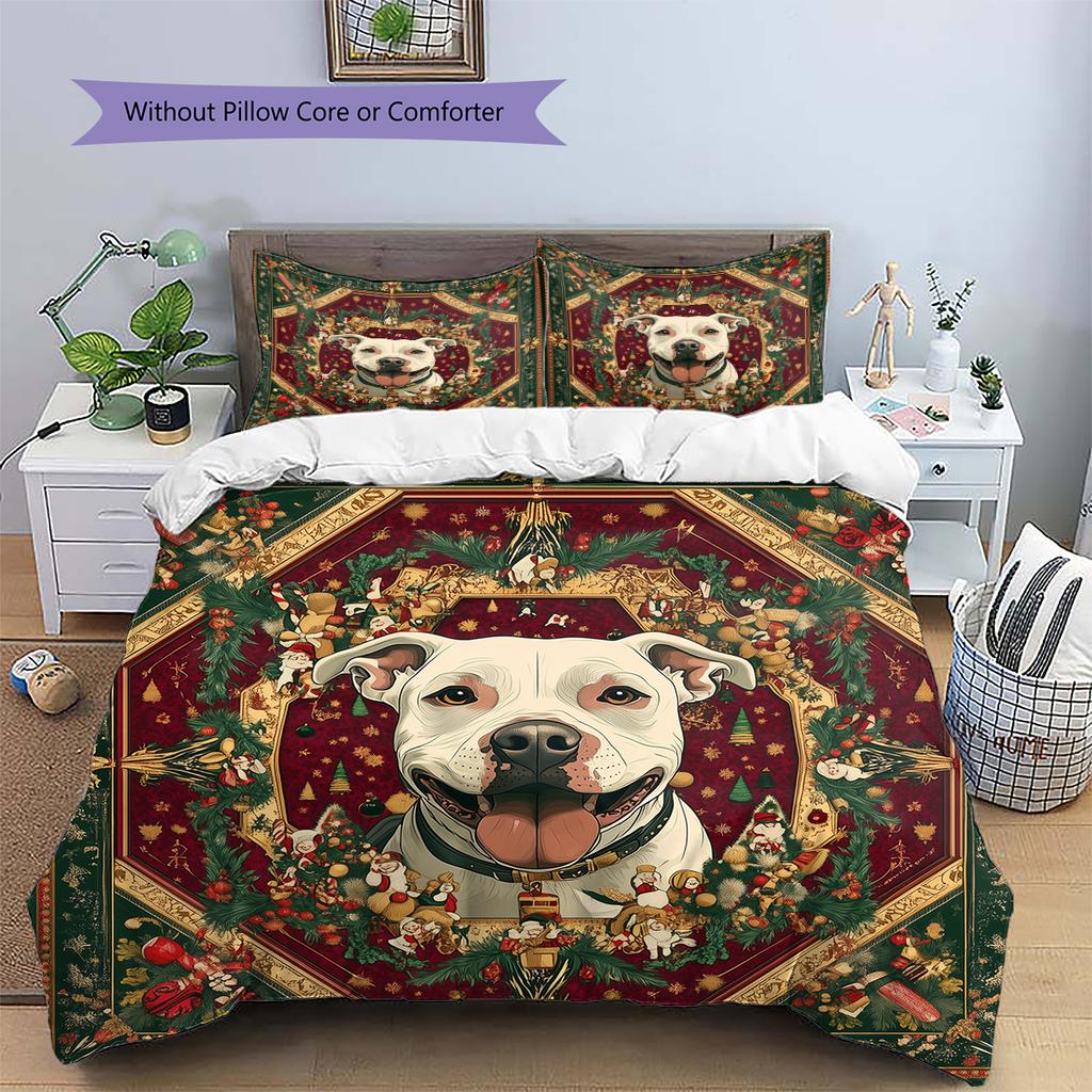 Christmas Pitbull Pattern Bedding Home Decoration Birthday Gift (1 * duvet cover + 2 * pillowcase, without core)