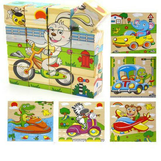 Children's 9-Piece Wooden 3D Puzzle Blocks - Six-Sided Painted Creative Toy for Kindergarten 