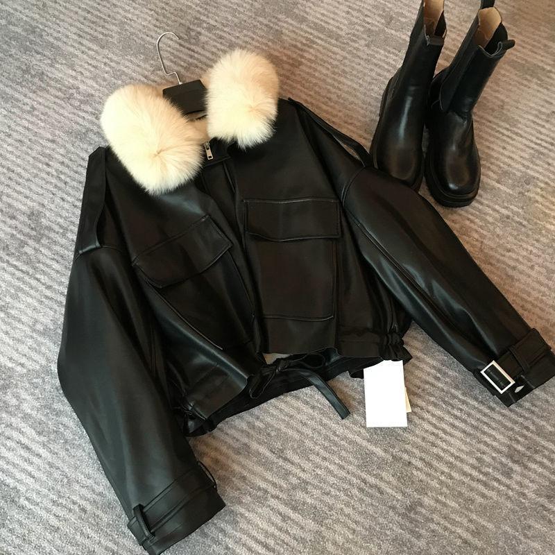 Autumn and winter velvet thickened leather jacket imitation fur short removable imitation rabbit fur collar jacket warm cotton clothing women's