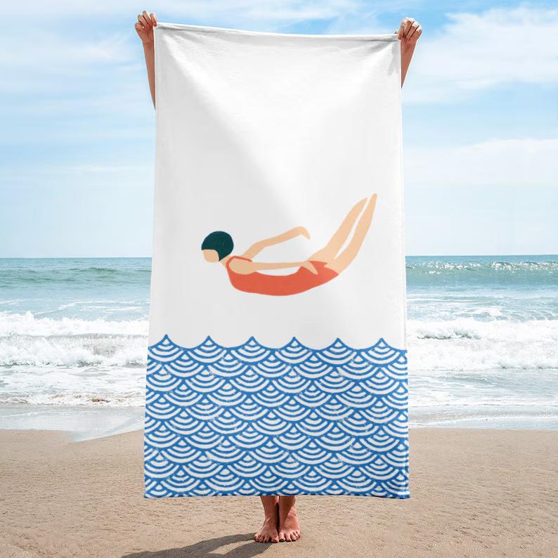 Cartoon Summer Beach People Print Beach Towel Illustration Quick Dry Sand-Free Lightweight Absorbent Beach Blanket for Swimming