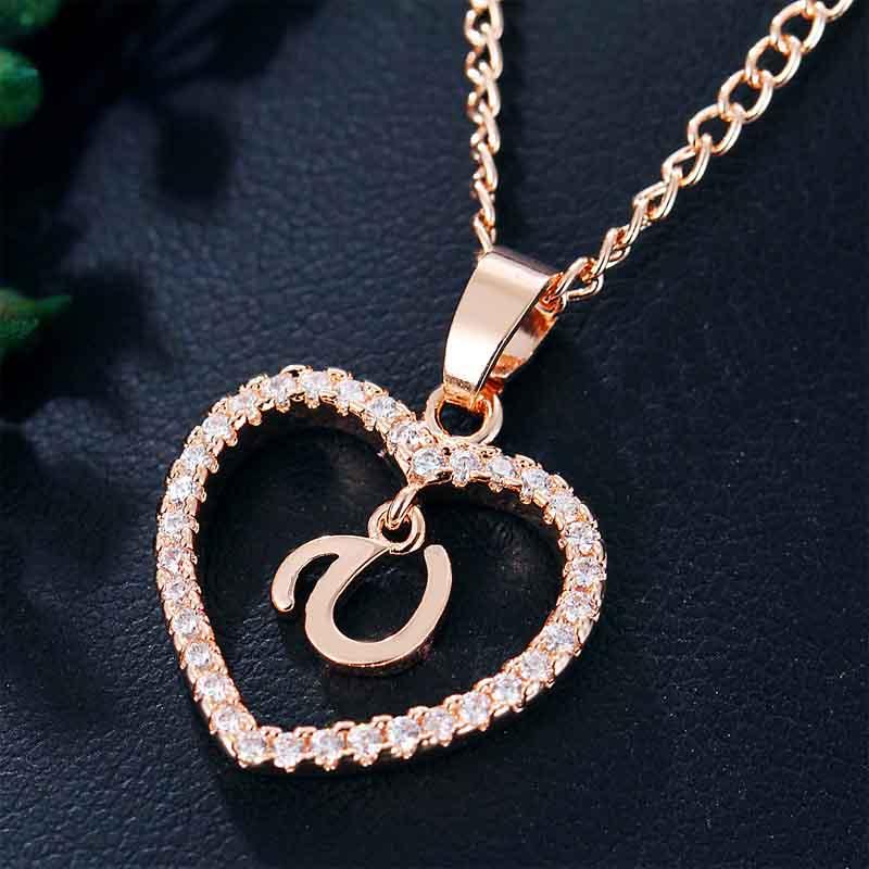 Heart Letters 26 Love Crystal Women Silver Plated Chain Jewelry Necklace