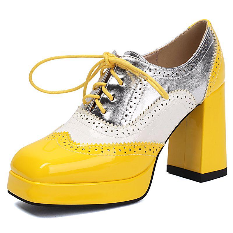 Блестящие Модные Женские Туфли-Лодочки с Квадратным Носком и Массивным Каблуком 9,5 см, Платформа 2 см, На Шнуровке, Смешанный Цвет, 44 45 46 47 48, Обувь для Свиданий 39 жёлтый