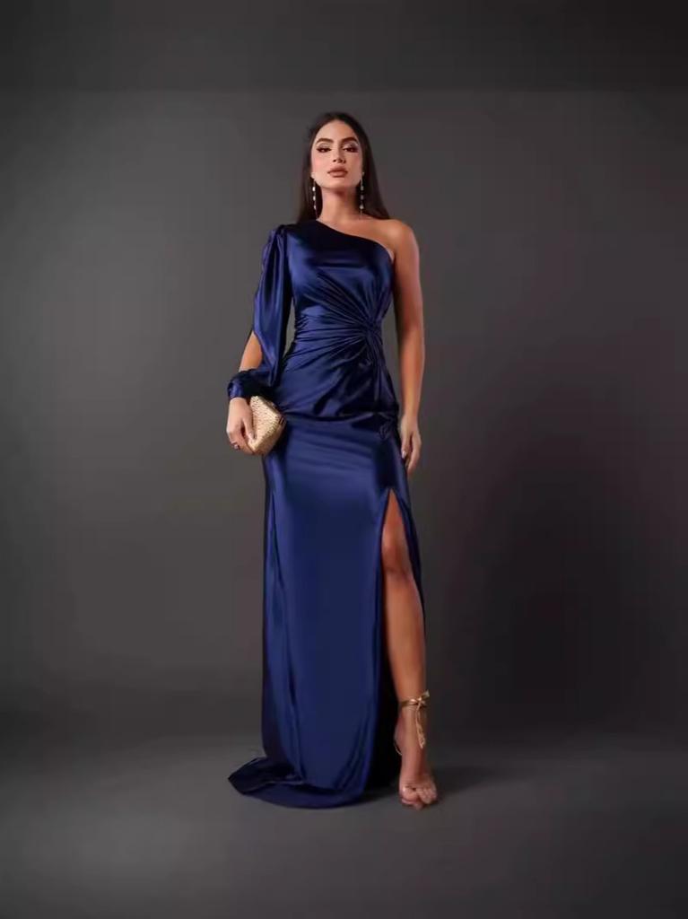 2026 Summer New European and American Women's Clothing Diagonal Collar Shoulder Sleeve Pleated Waist Split Sexy Dress