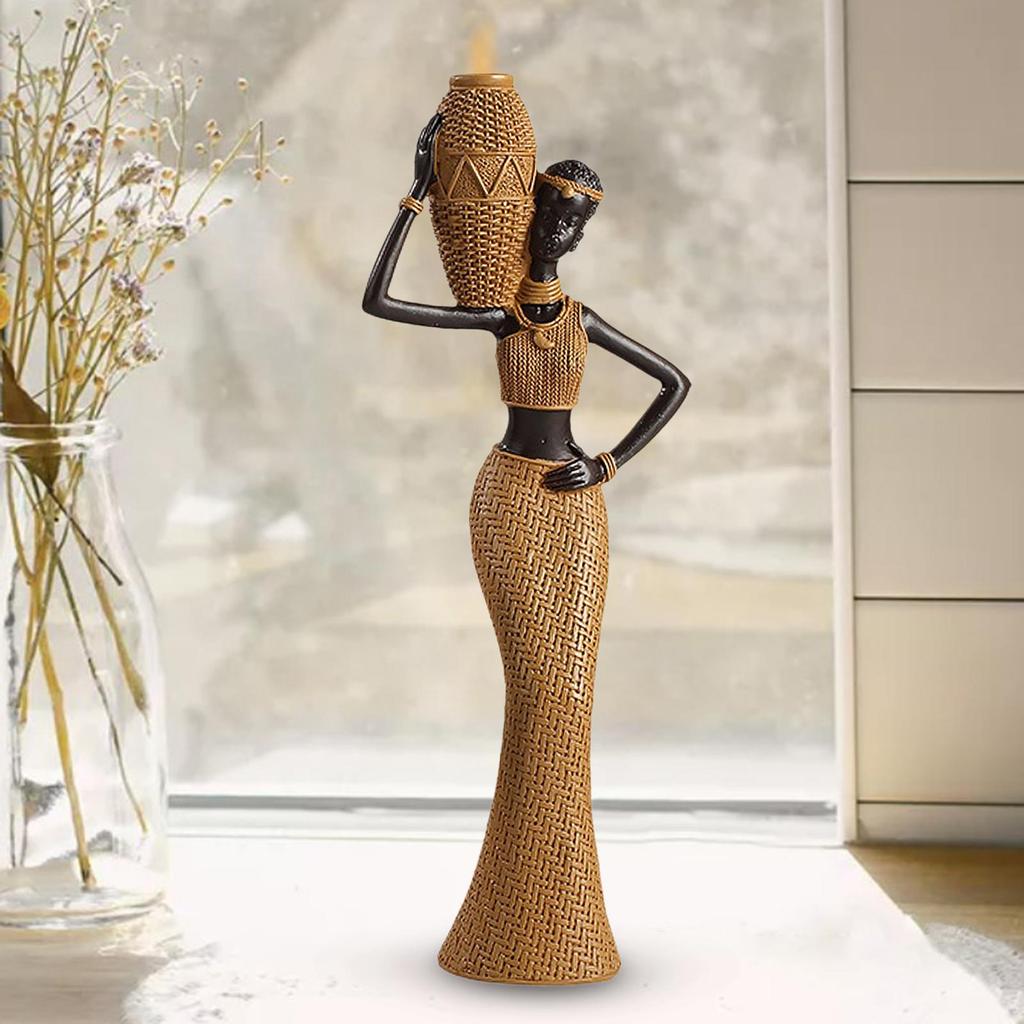 African Woman Figure Table Sculpture Handmade Retro Weave Pattern Decorative for