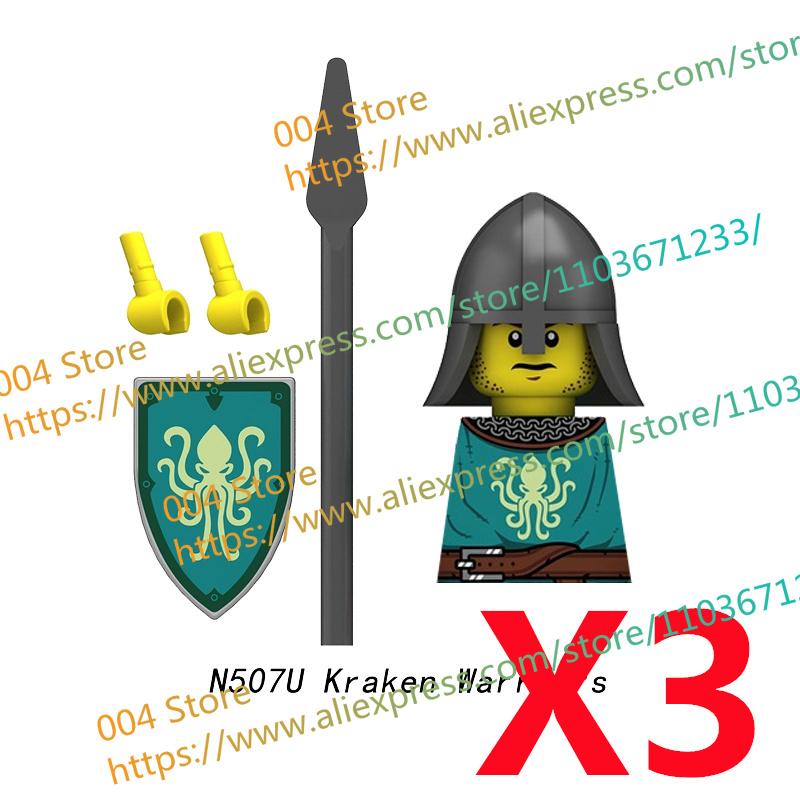 N511U-518U N335-337 Mittelalterliche Burg Ritter Bausteine Figuren Vierseitiger UV-Druck Waffen Zubehör Spielzeug Kindergeschenke F030