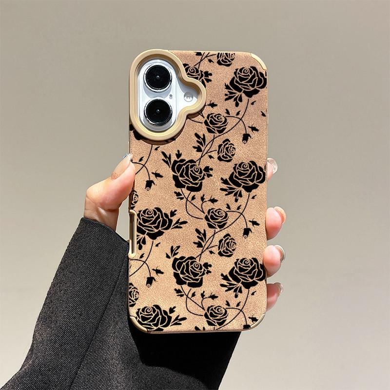 

Черный кожаный чехол с цветочным принтом и узором розы + ремешок на запястье, защитный чехол из мягкого силикона для iPhone iPhone 16 Pro Max золотой