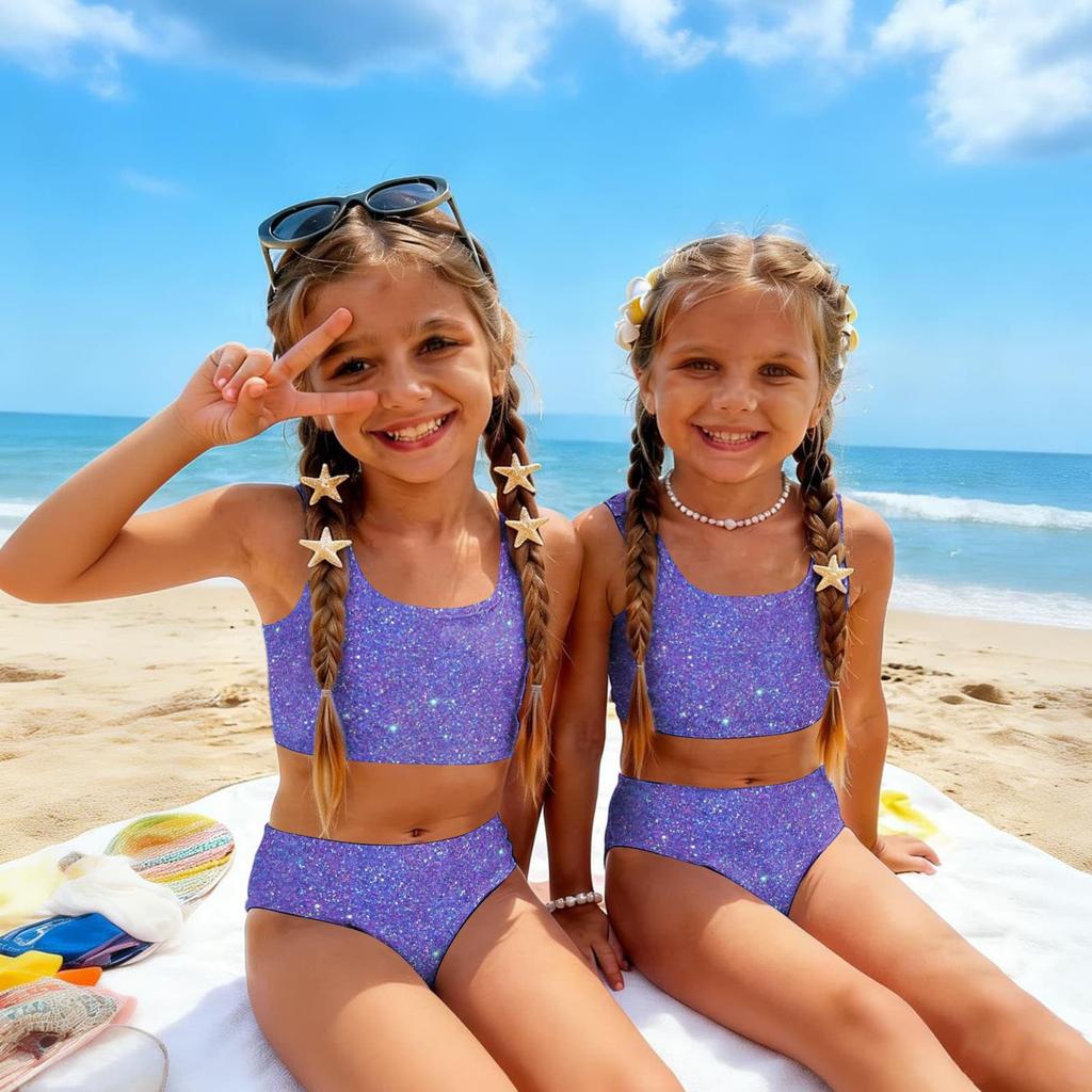 Costume da Bagno Due Pezzi per Bambina Set Top Corto Senza Maniche con Stampa di Paillettes e Slip a Vita Alta Costumi da Bagno per Bambini Estate Abbigliamento da Spiaggia
